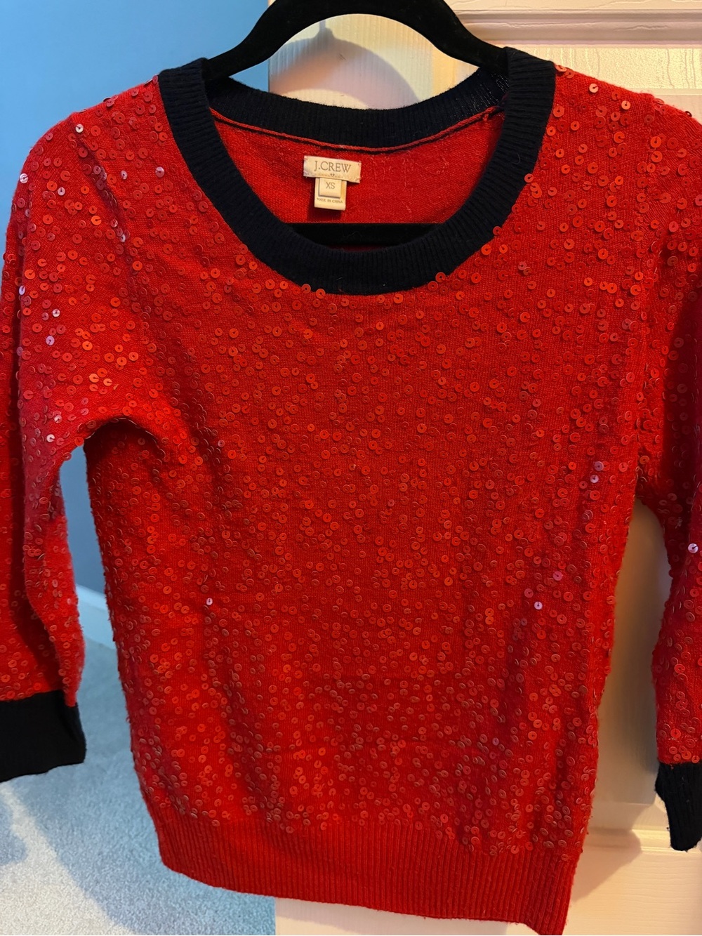 J. Crew Red Sequin Crewneck with Black Trim